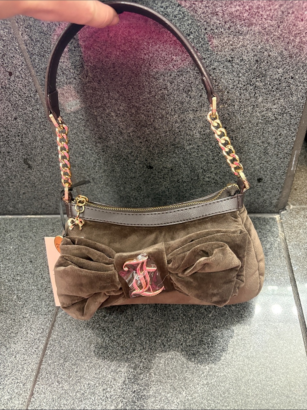 Exclusive Juicy Couture Brown Velvet Bow Shoulder Bag with Gold Chain